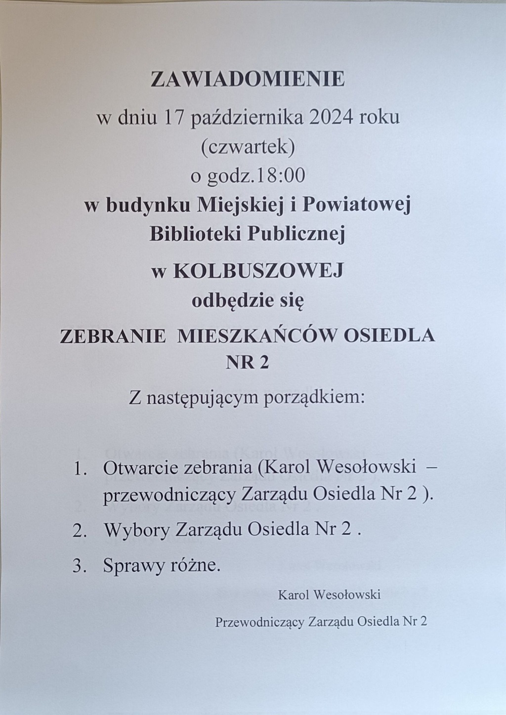 Zawiadomienie o zebraniu Mieszkańców Osiedla Nr 2