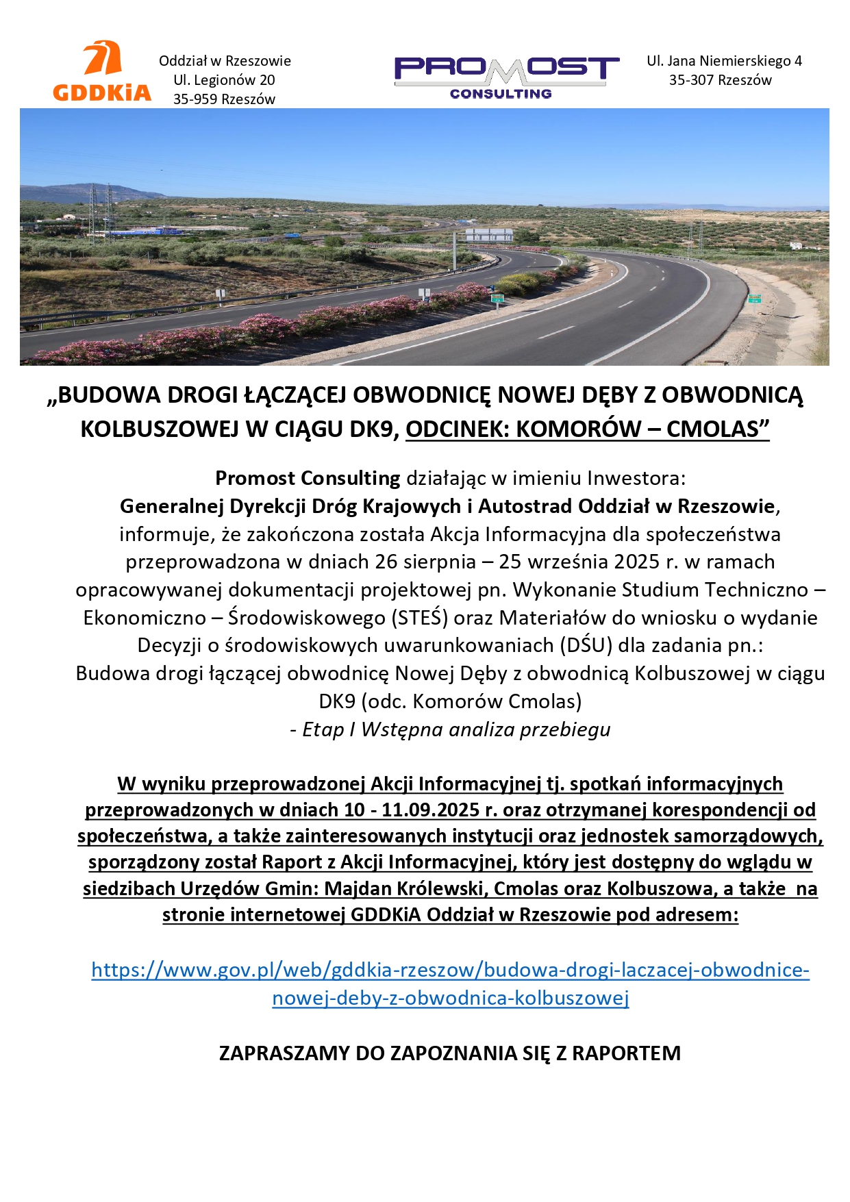„BUDOWA DROGI ŁĄCZĄCEJ OBWODNICĘ NOWEJ DĘBY Z OBWODNICĄ KOLBUSZOWEJ W CIĄGU DK9, ODCINEK: KOMORÓW – CMOLAS” - Raport
